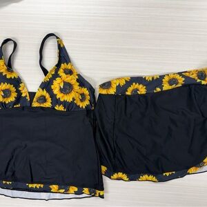 Sunflower Print Black Tankini with Skirted Bottom - Women Swim